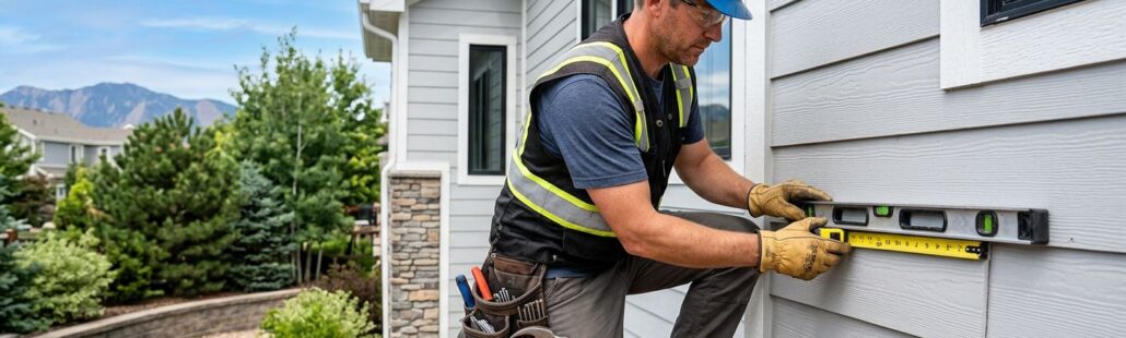 featured-2bd87198-177e-4a04-9f08-c9e6515cfa2c Licensed siding contractor in Denver installing fiber cement siding on a suburban home, wearing hard hat and using measuring tape and level under bright blue sky.