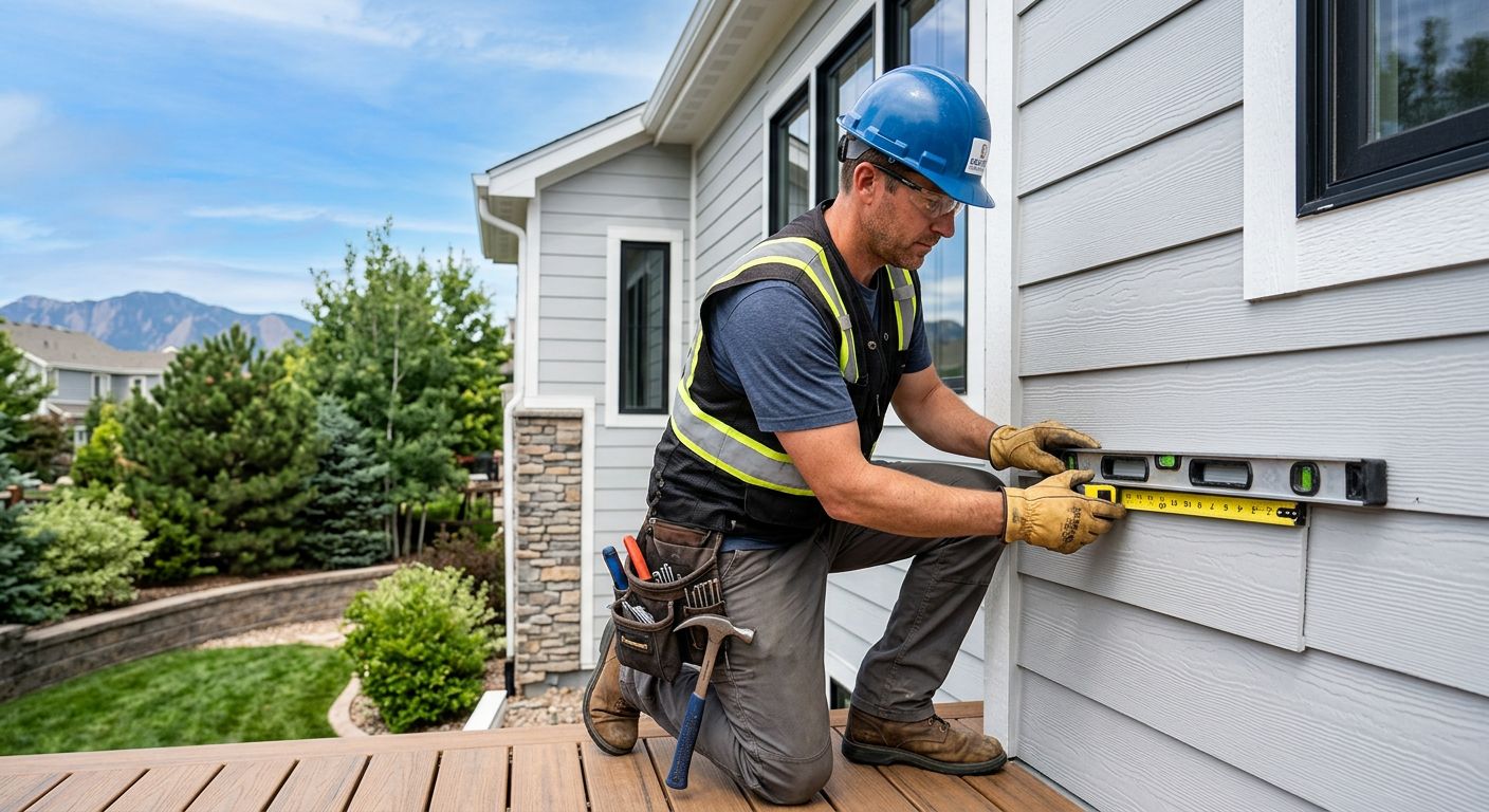 Licensed siding contractor in Denver installing fiber cement siding on a suburban home, wearing hard hat and using measuring tape and level under bright blue sky.