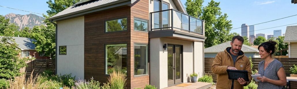 featured-b224e8bc-10ec-4c88-8820-a94ff09648f6 Professional photograph of a modern accessory dwelling unit in a Denver backyard with a contractor and homeowner reviewing plans, landscaped yard, blue sky.