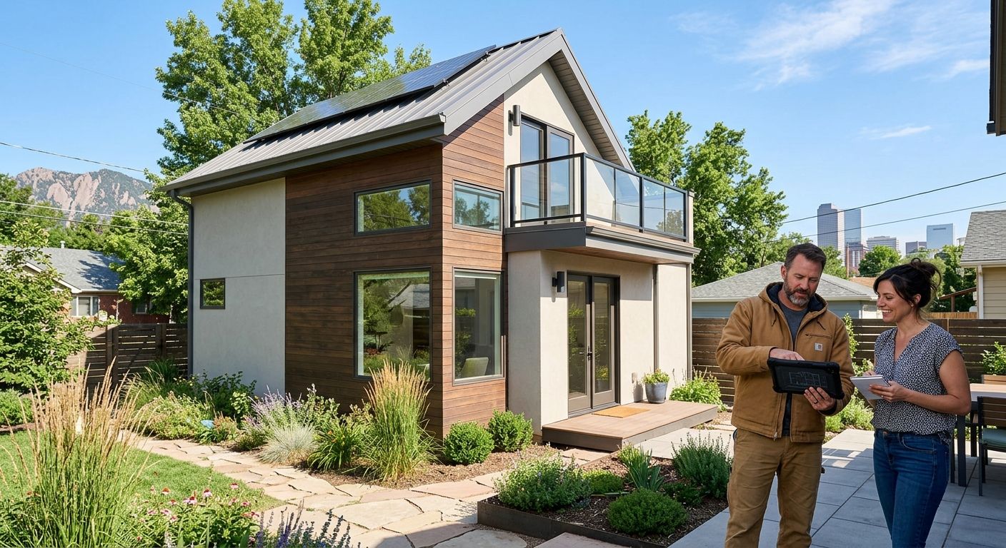 Professional photograph of a modern accessory dwelling unit in a Denver backyard with a contractor and homeowner reviewing plans, landscaped yard, blue sky.