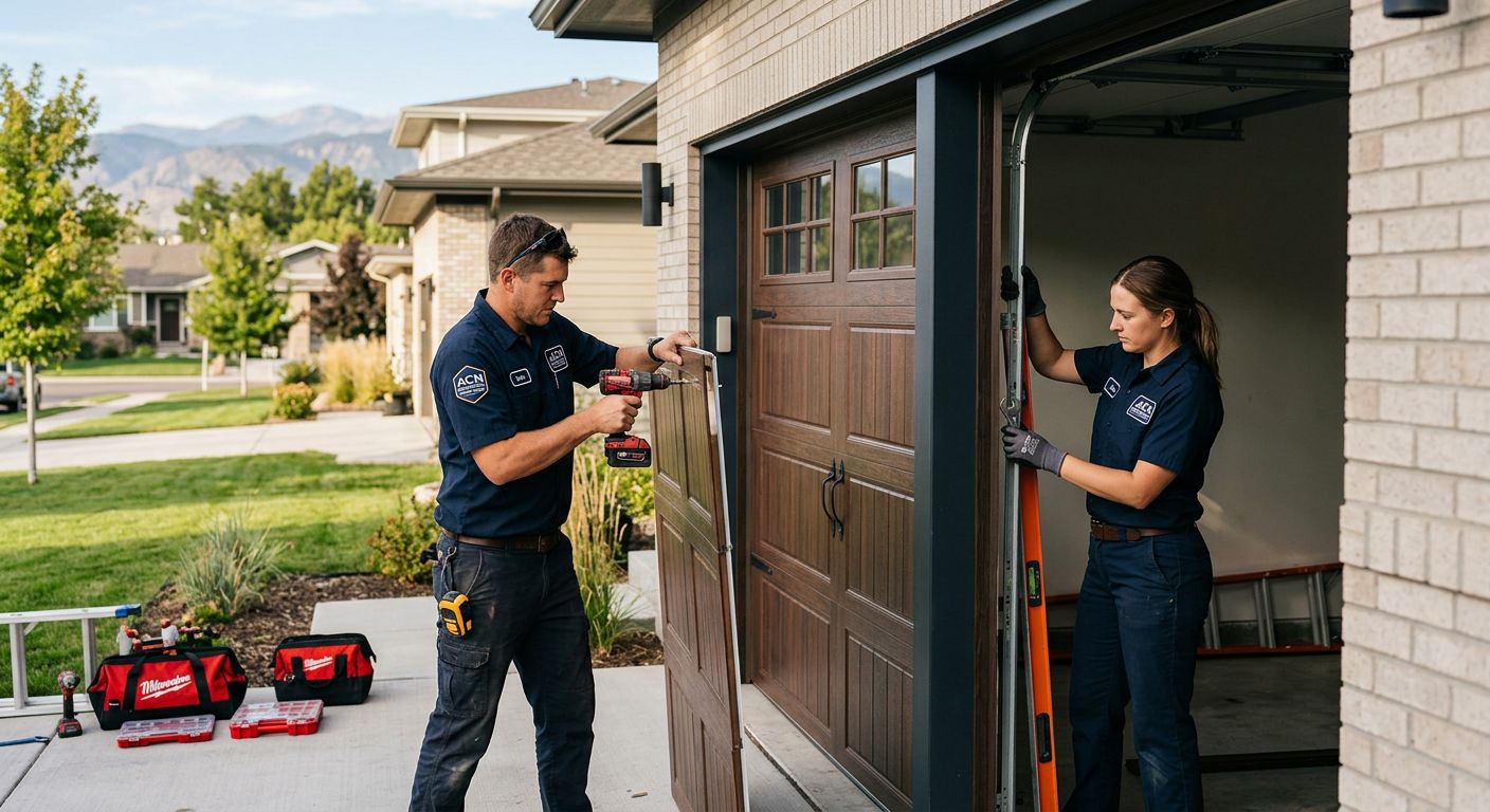 Professional photograph of a construction team installing a garage door at a residential home in Denver, Colorado