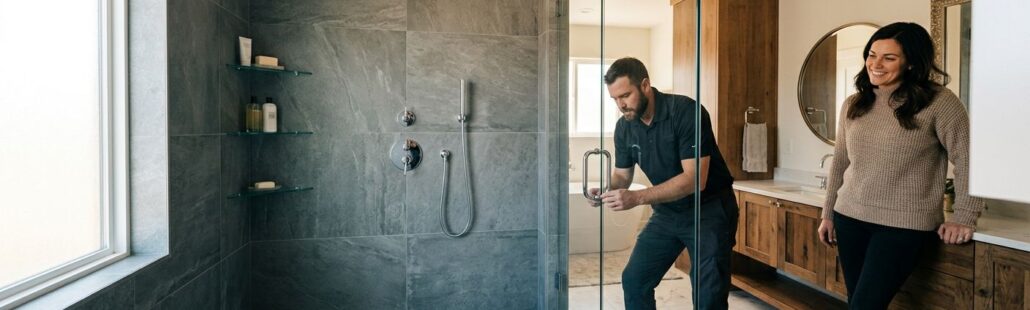 featured-c4cbf47a-ea6c-4fa7-bc53-a90037a6d81c Professional photograph of a renovated bathroom with a modern walk-in shower, frameless glass, porcelain tiles, and rainfall showerhead, with a contractor and homeowner