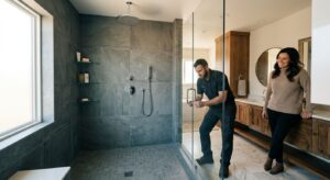 Professional photograph of a renovated bathroom with a modern walk-in shower, frameless glass, porcelain tiles, and rainfall showerhead, with a contractor and homeowner