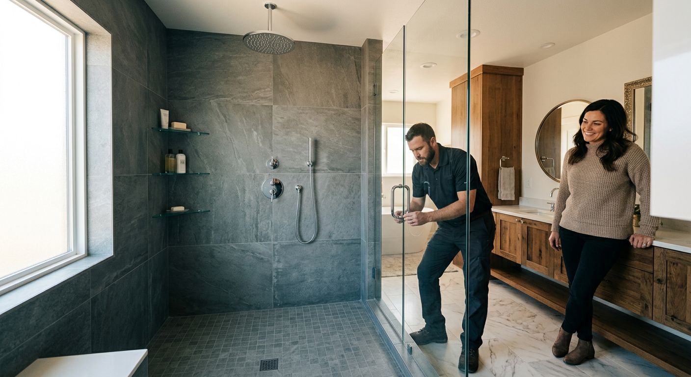 Professional photograph of a renovated bathroom with a modern walk-in shower, frameless glass, porcelain tiles, and rainfall showerhead, with a contractor and homeowner