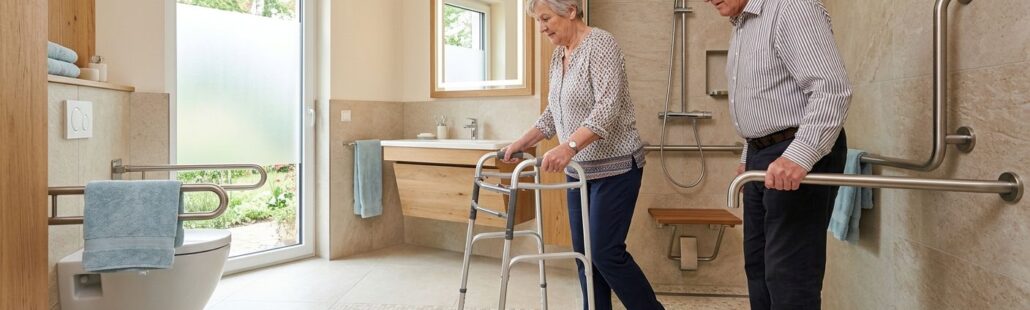 featured-d9b8c8cd-dd54-4288-95c8-8cfd26c820b1 Elderly couple in a bright modern bathroom with curbless shower, grab bars, and slip-resistant tiles, woman using a walker stepping onto shower floor, conveying safety and independence for aging-in-place design.