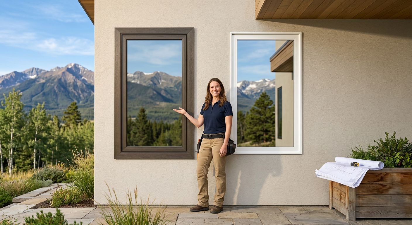 Side-by-side comparison of a warm-toned Fibrex composite window and a smooth white vinyl window on a Colorado home exterior, with an ACN Construction specialist gesturing toward the Fibrex window and the Rocky Mountains in the background under a blue sky.