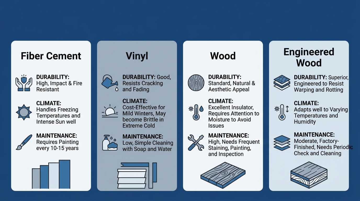 Infographic comparing four siding materials for Denver homes: fiber cement, vinyl, wood, and engineered wood with icons and labels for durability, climate suitability, and maintenance level.