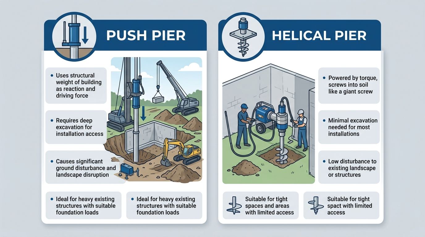 Infographic comparing push pier installation involving heavy equipment, crane, and excavated pit versus helical pier installation using a portable torque motor, two workers, and minimal ground disturbance.