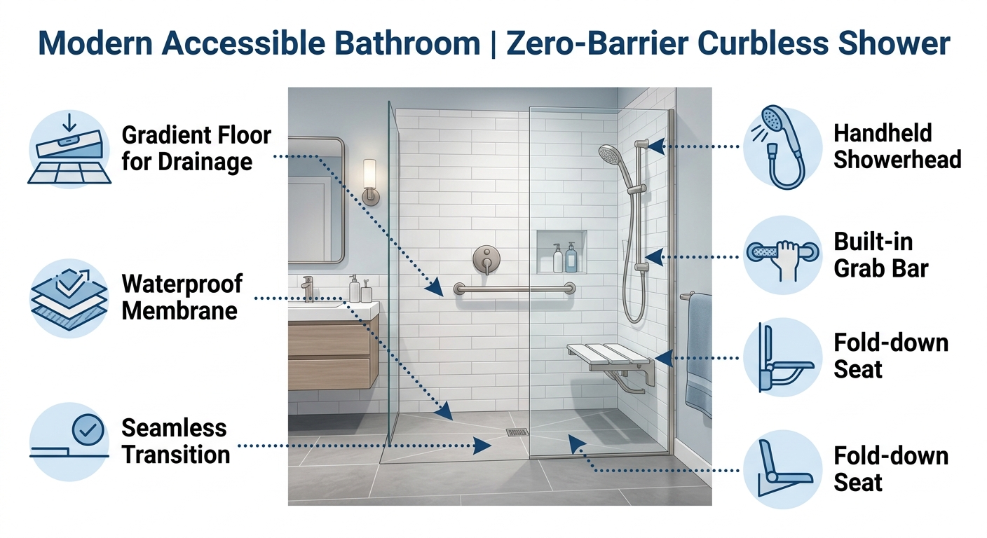 Infographic showing a curbless shower design with six labeled elements: gradient floor, waterproof membrane, seamless transition, grab bar, fold-down seat, and handheld showerhead, set in a modern accessible bathroom with blue and white color scheme.
