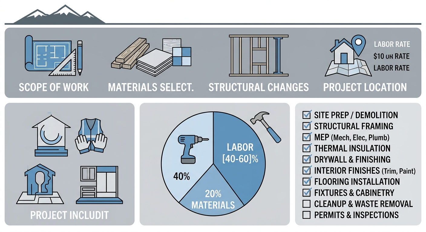 Infographic with three panels explaining cost factors for a whole house remodel, including a pie chart and checklist