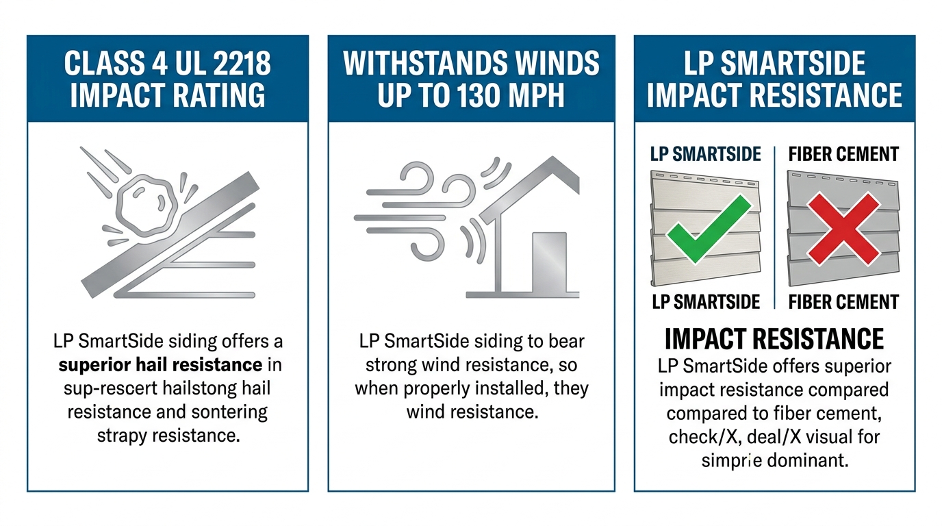 Horizontal infographic comparing LP SmartSide hail and wind resistance features