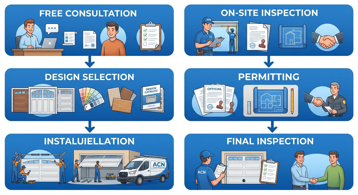 Vertical process flow diagram illustrating six steps of garage door installation with ACN Construction: Free Consultation, On-Site Inspection, Design Selection, Permitting, Installation, and Final Inspection, each in a blue rounded rectangle connected by downward arrows.