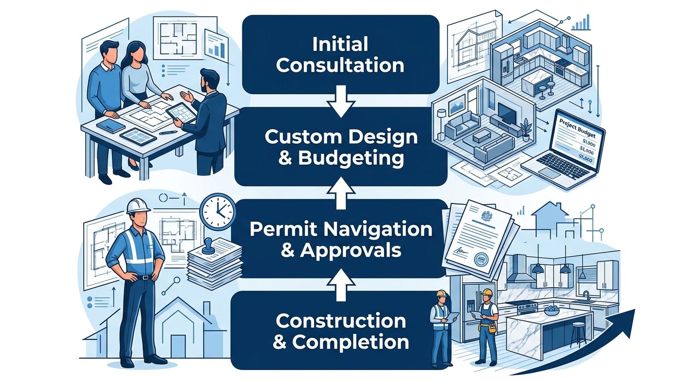 Vertical process flow diagram showing four connected phases of home remodeling design-build process: Initial Consultation, Custom Design & Budgeting, Permit Navigation & Approvals, Construction & Completion.