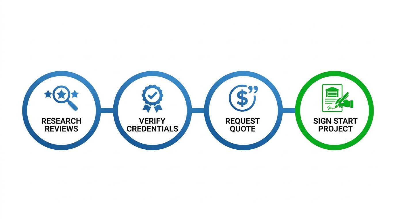 A clean four-step horizontal timeline infographic showing the process of partnering with a trusted local garage door contractor, with connected circular nodes labeled Research Reviews, Verify Credentials, Request Quote, and Sign Start Project, using a blue gradient and green for the final step.