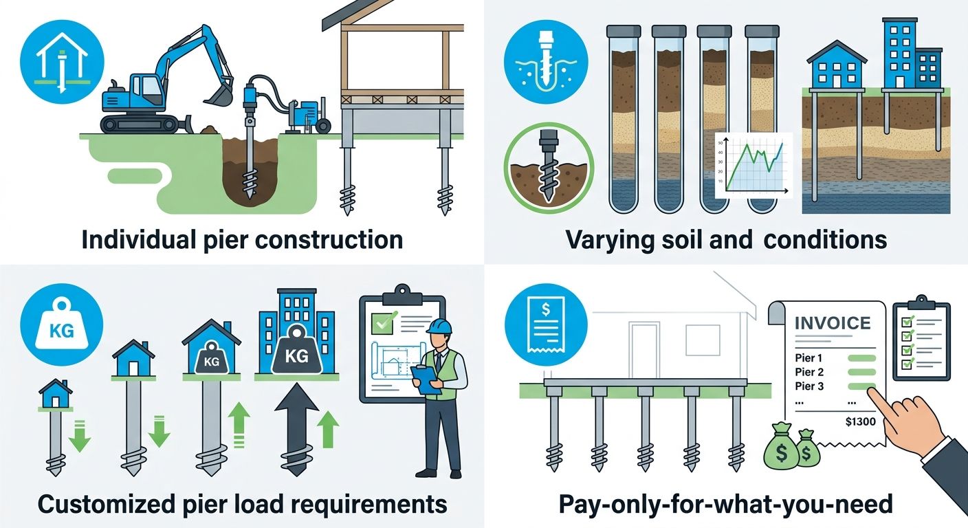 Infographic with four reasons contractors charge per pier location in a quadrant layout