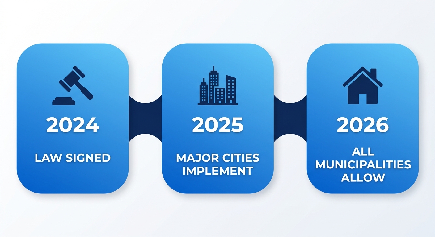 Horizontal process flow diagram showing the Colorado HB24-1152 ADU implementation timeline with three stages: 2024 Law Signed, 2025 Major Cities Implement, 2026 All Municipalities Must Allow ADUs.