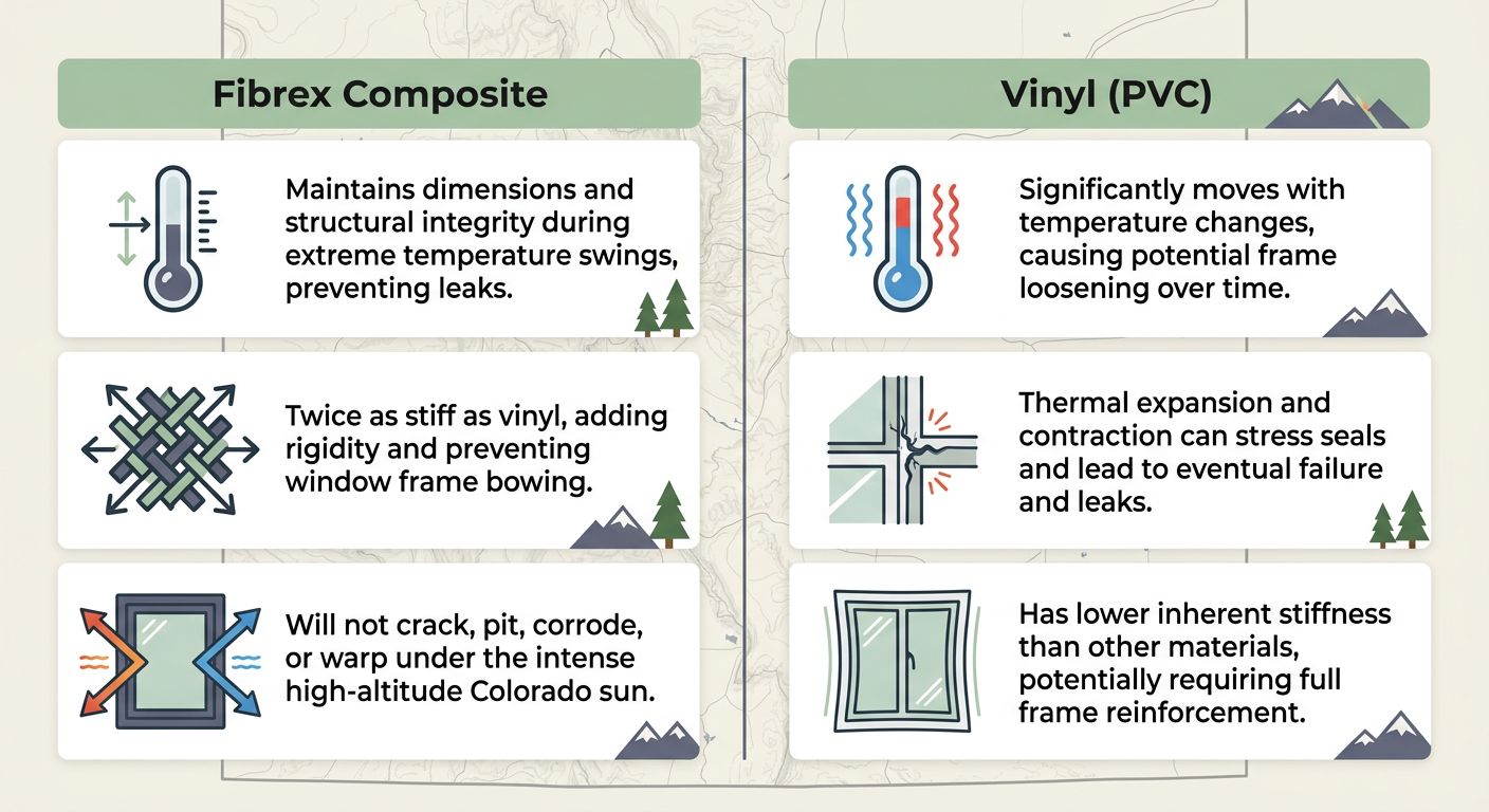 Horizontal infographic comparing Fibrex composite and vinyl windows for Colorado durability, showing icons and short text benefits for each material with a Colorado map background