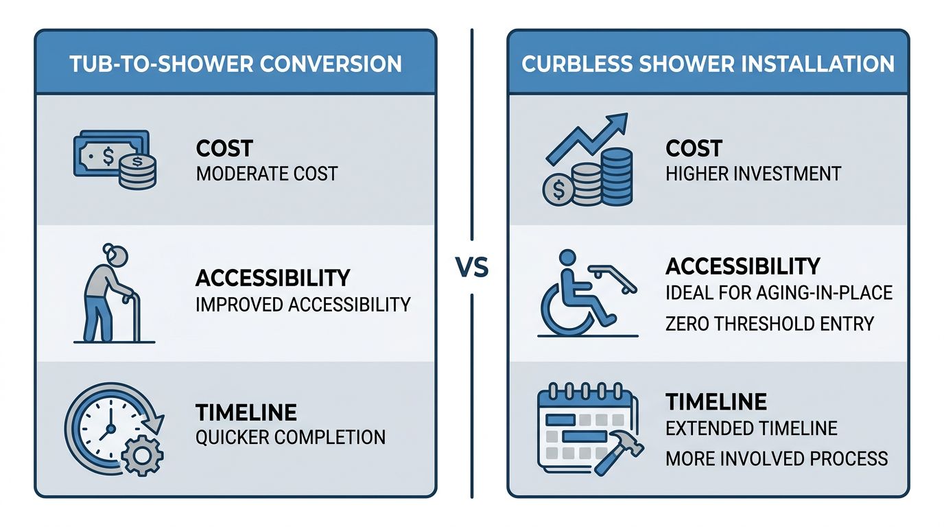 Comparison infographic of tub-to-shower conversion and curbless shower installation with icons and labels
