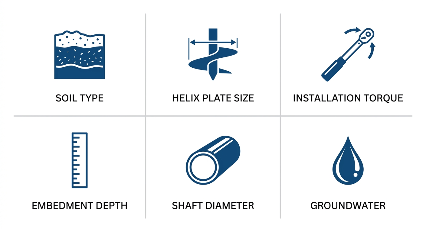 Infographic with six cards showing factors that determine helical pier load capacity