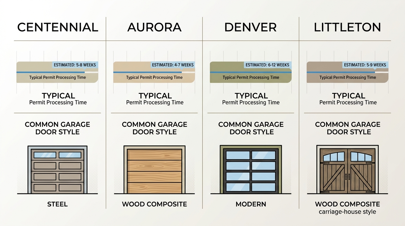 Horizontal infographic comparing garage door installation permit times and common styles across Centennial, Aurora, Denver, and Littleton, Colorado