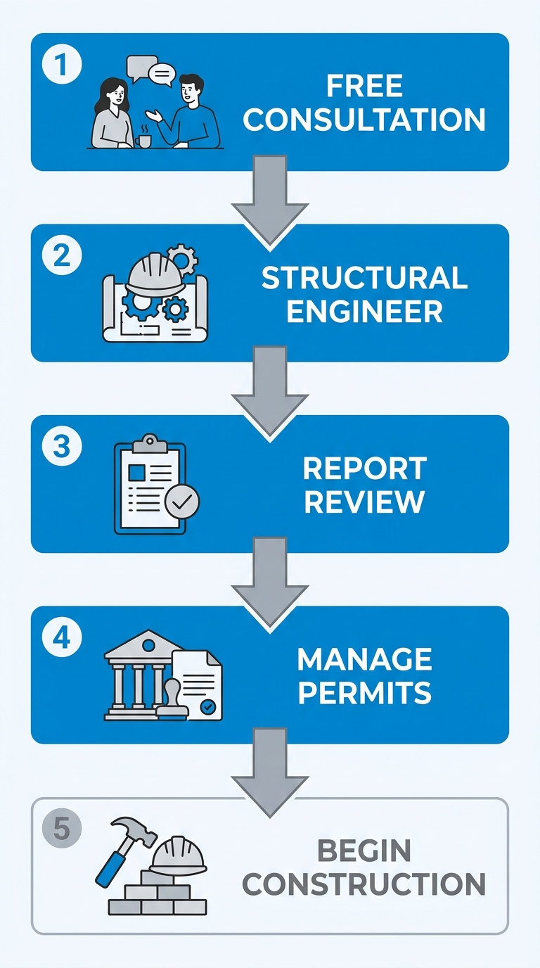 Five-step vertical process flow for starting a home remodel with structural engineering support, from consultation to construction.