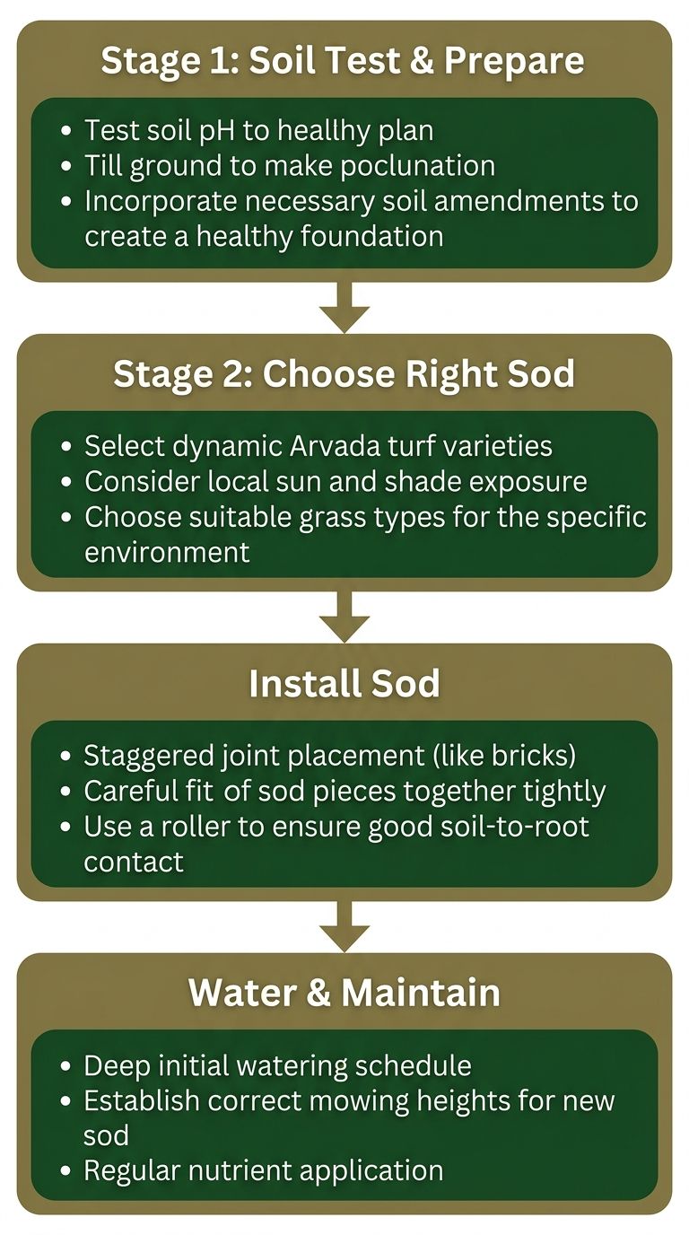 Vertical process flow diagram for Arvada sod installation with four steps: soil test and prepare, choose the right sod, install the sod, water and maintain.