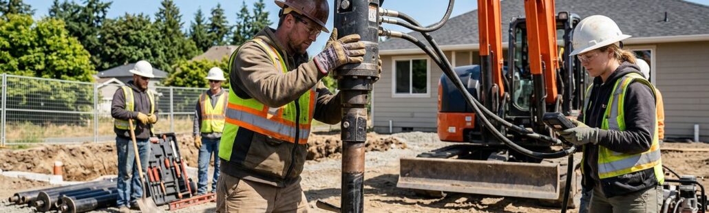 featured-20f59b55-5e4d-411b-938e-7e9d3fb0d11a Skilled construction crew in safety gear installing helical piers at a residential site with hydraulic torque motor and clear blue sky, conveying precision and teamwork.