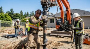 Skilled construction crew in safety gear installing helical piers at a residential site with hydraulic torque motor and clear blue sky, conveying precision and teamwork.