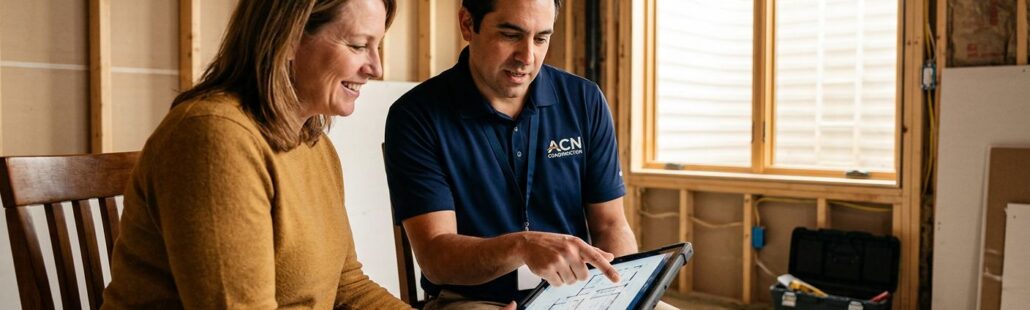 ACN Construction consultant reviewing basement renovation plans with a Centennial homeowner in a partially finished basement with framing and egress window, natural light creating a warm atmosphere.
