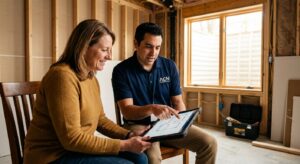 ACN Construction consultant reviewing basement renovation plans with a Centennial homeowner in a partially finished basement with framing and egress window, natural light creating a warm atmosphere.