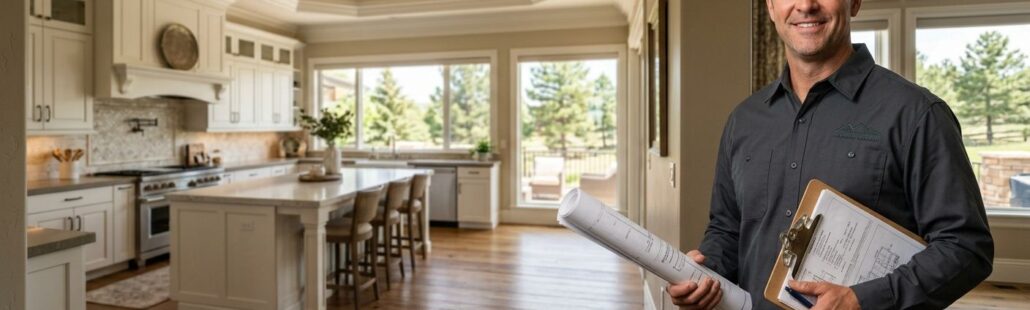 featured-3abf6b3c-663c-4b90-ad3b-2c399ff83c47 Professional construction contractor beside finished custom home interior in Centennial Colorado with architectural plans and clipboard