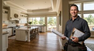 Professional construction contractor beside finished custom home interior in Centennial Colorado with architectural plans and clipboard