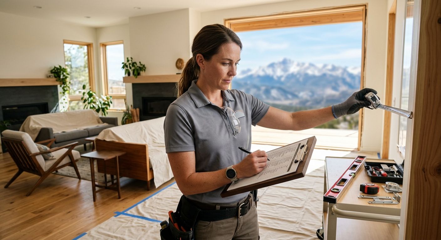 Window installer measuring window opening with clipboard and tools in a modern Denver living room with view of mountains.