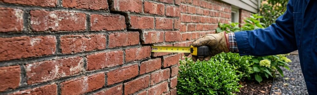 featured-7a919cab-c840-4fc1-a8a6-f8ac12df6c3c Professional photograph of a red brick foundation wall with stair-step cracks, a person in a work glove holding a measuring tape beside the widest crack, landscaping at the base, natural daylight, suburban home exterior