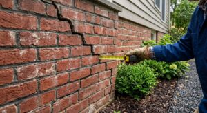 Professional photograph of a red brick foundation wall with stair-step cracks, a person in a work glove holding a measuring tape beside the widest crack, landscaping at the base, natural daylight, suburban home exterior