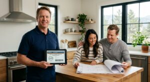 Professional photograph of a licensed general contractor in Centennial, Colorado discussing remodeling plans with homeowners in a bright modern kitchen