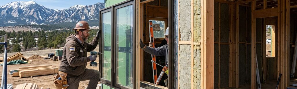 featured-89f97b61-4865-4208-8213-9f83c9cfe4d5 Professional photograph of a modern Colorado home under construction with a licensed contractor installing high-performance windows, with the Rocky Mountains in the background under a clear blue sky.