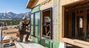 Professional photograph of a modern Colorado home under construction with a licensed contractor installing high-performance windows, with the Rocky Mountains in the background under a clear blue sky.