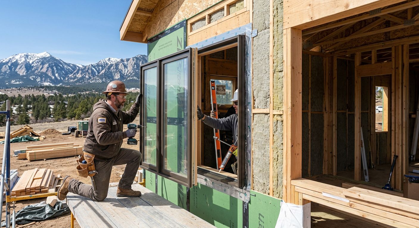 Professional photograph of a modern Colorado home under construction with a licensed contractor installing high-performance windows, with the Rocky Mountains in the background under a clear blue sky.