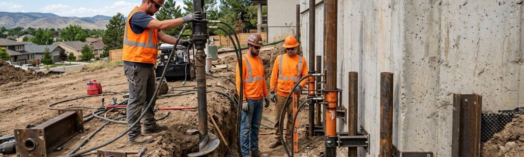 featured-b575bcaa-3135-462f-8d0c-638c32a4aaf5 Professional photograph of a foundation repair site in Centennial, Colorado, featuring steel push piers and helical piers installed by a design-build contractor team in safety gear, with hydraulic equipment near a concrete foundation under natural daylight.