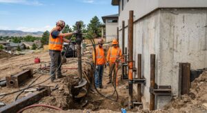 Professional photograph of a foundation repair site in Centennial, Colorado, featuring steel push piers and helical piers installed by a design-build contractor team in safety gear, with hydraulic equipment near a concrete foundation under natural daylight.