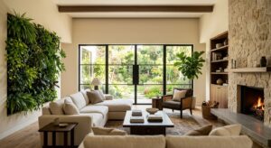 Bright, airy living room with floor-to-ceiling windows framing a lush garden view, reclaimed wood floors, living green wall, and organic stone fireplace accent