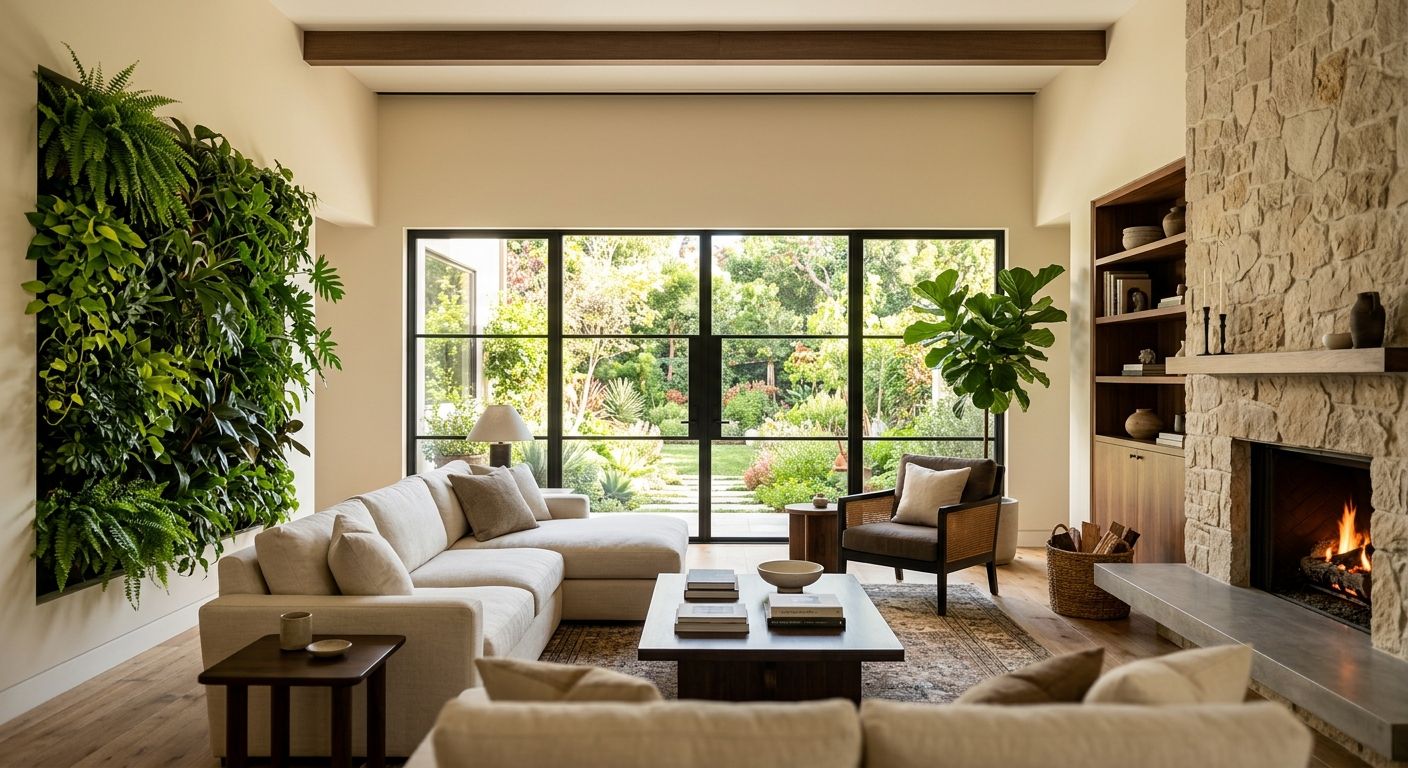 Bright, airy living room with floor-to-ceiling windows framing a lush garden view, reclaimed wood floors, living green wall, and organic stone fireplace accent