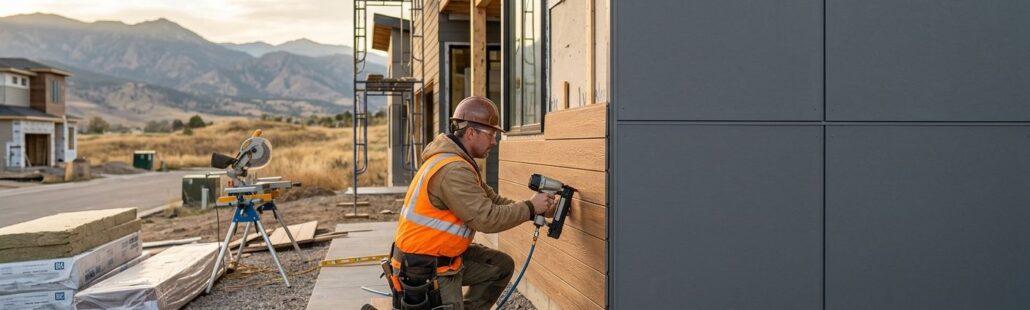 Professional construction site photo showing a contractor installing fiber cement and engineered wood siding on a Centennial home, with mountains blurred in background.