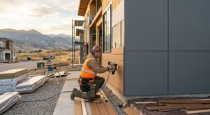 Professional construction site photo showing a contractor installing fiber cement and engineered wood siding on a Centennial home, with mountains blurred in background.