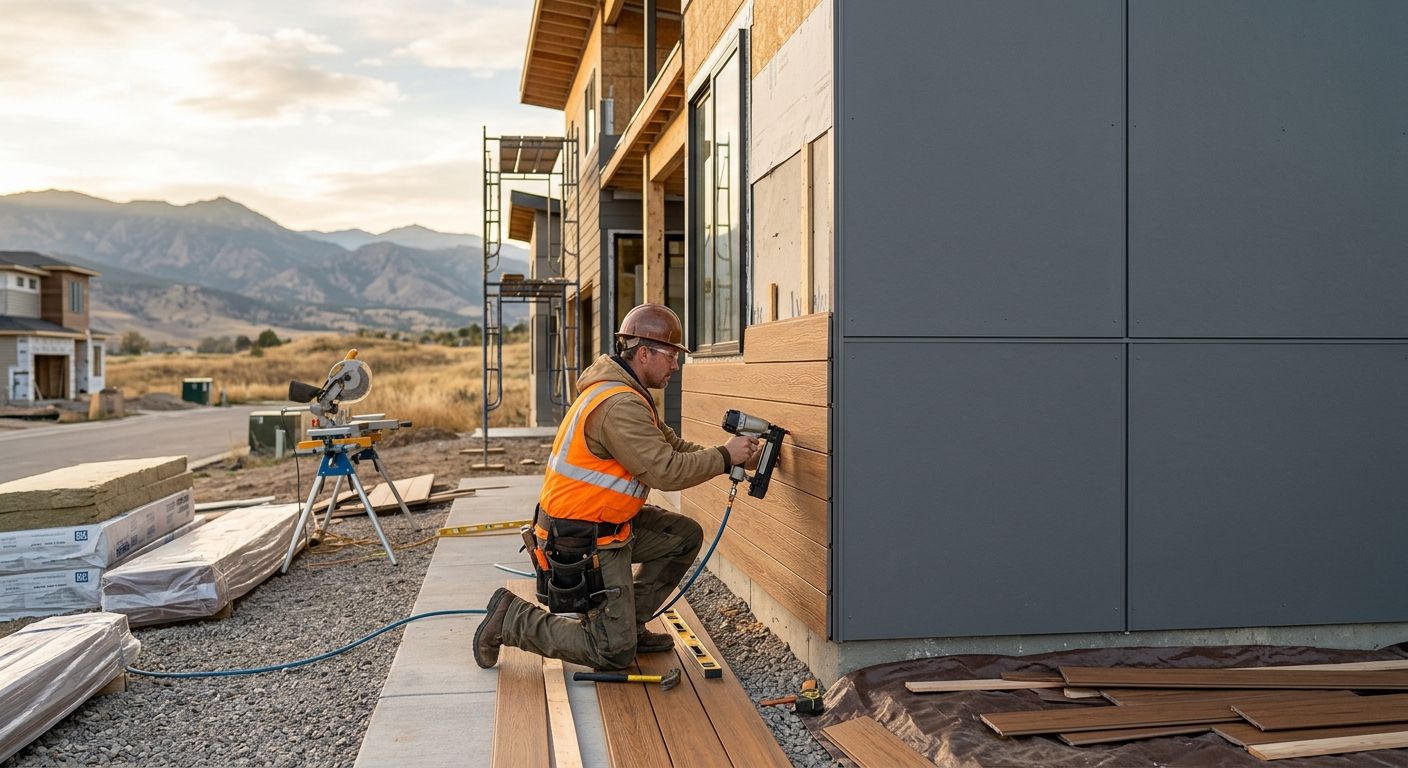 Professional construction site photo showing a contractor installing fiber cement and engineered wood siding on a Centennial home, with mountains blurred in background.