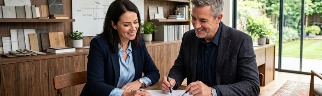 featured-d2f4f356-6c50-4e61-a5df-f87c62e369b0 Architect and contractor reviewing blueprints together in a bright modern home office with natural light, symbolizing collaborative design-build remodeling.