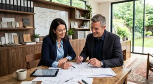 Architect and contractor reviewing blueprints together in a bright modern home office with natural light, symbolizing collaborative design-build remodeling.