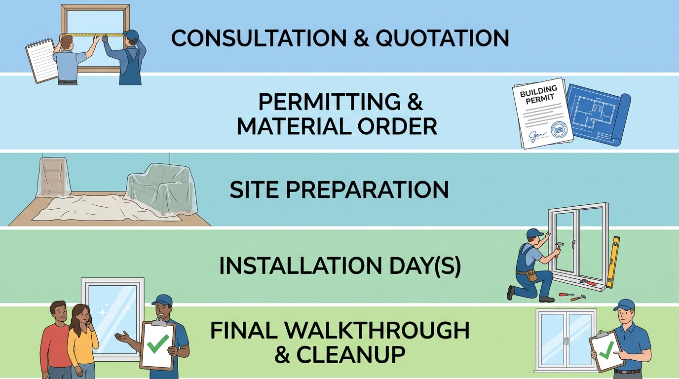 Vertical process flow diagram showing five stages of window replacement: Consultation & Quotation with measuring tape icon, Permitting & Material Order with permit document icon, Site Preparation with drop cloth icon, Installation Day(s) with window and tool icon, Final Walkthrough & Cleanup with clipboard checkmark icon. Light blue to soft green gradient indicates progress.