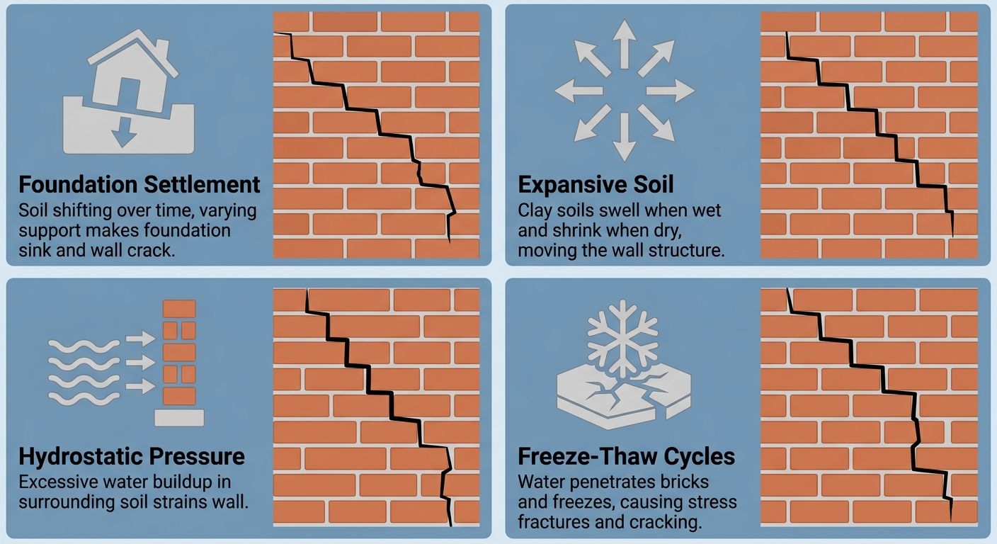 Infographic showing four common causes of stair-step cracks in brick walls: foundation settlement, expansive soil, hydrostatic pressure, and freeze-thaw cycles.